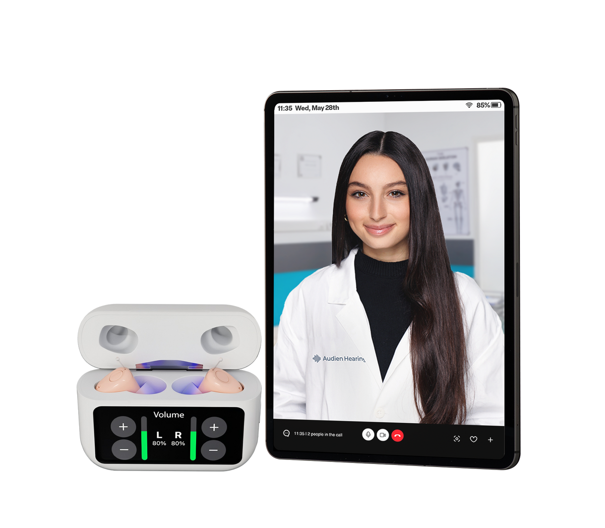 Tablet displaying a video call with a person in a white coat, next to a set of earbuds with control buttons.